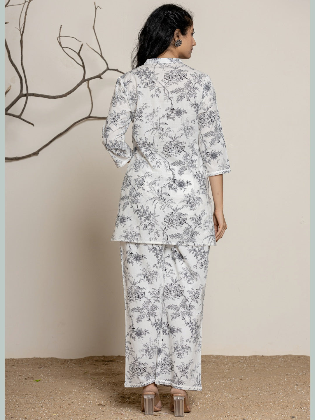 Floral Print Pure Cotton Collared Top and Pants Co-ord Set - White