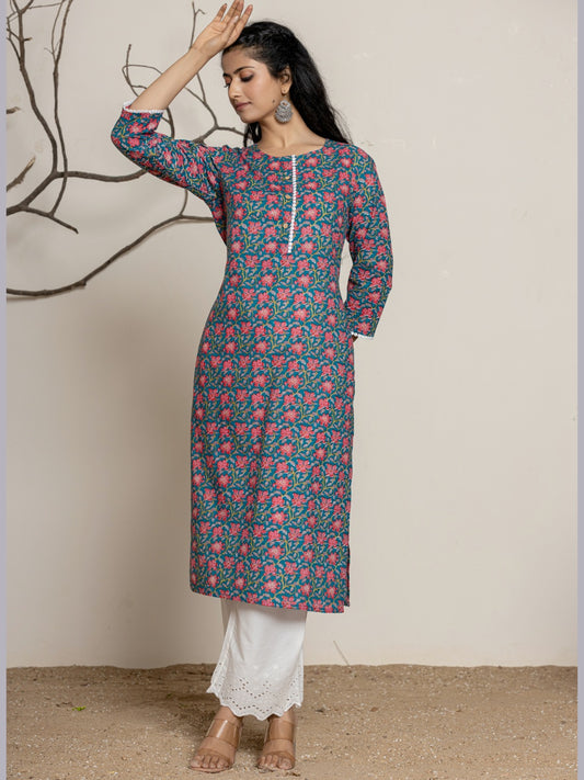 Floral Printed Lace Detail Straight kurta - Blue