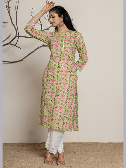 Floral Printed Lace Detail Straight kurta - Green