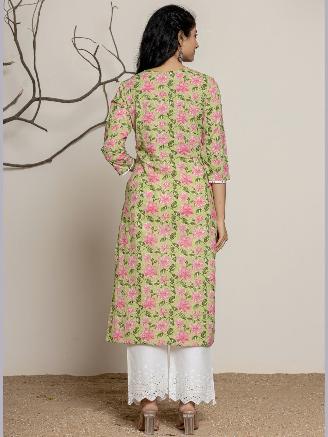 Floral Printed Lace Detail Straight kurta - Green