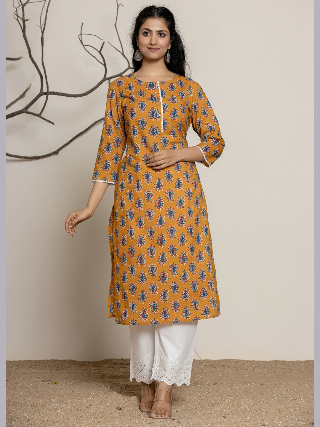 Floral Printed Lace Detail Straight kurta - Mustard