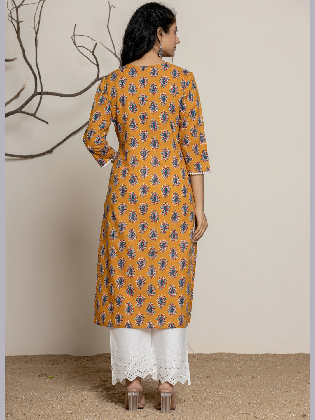 Floral Printed Lace Detail Straight kurta - Mustard