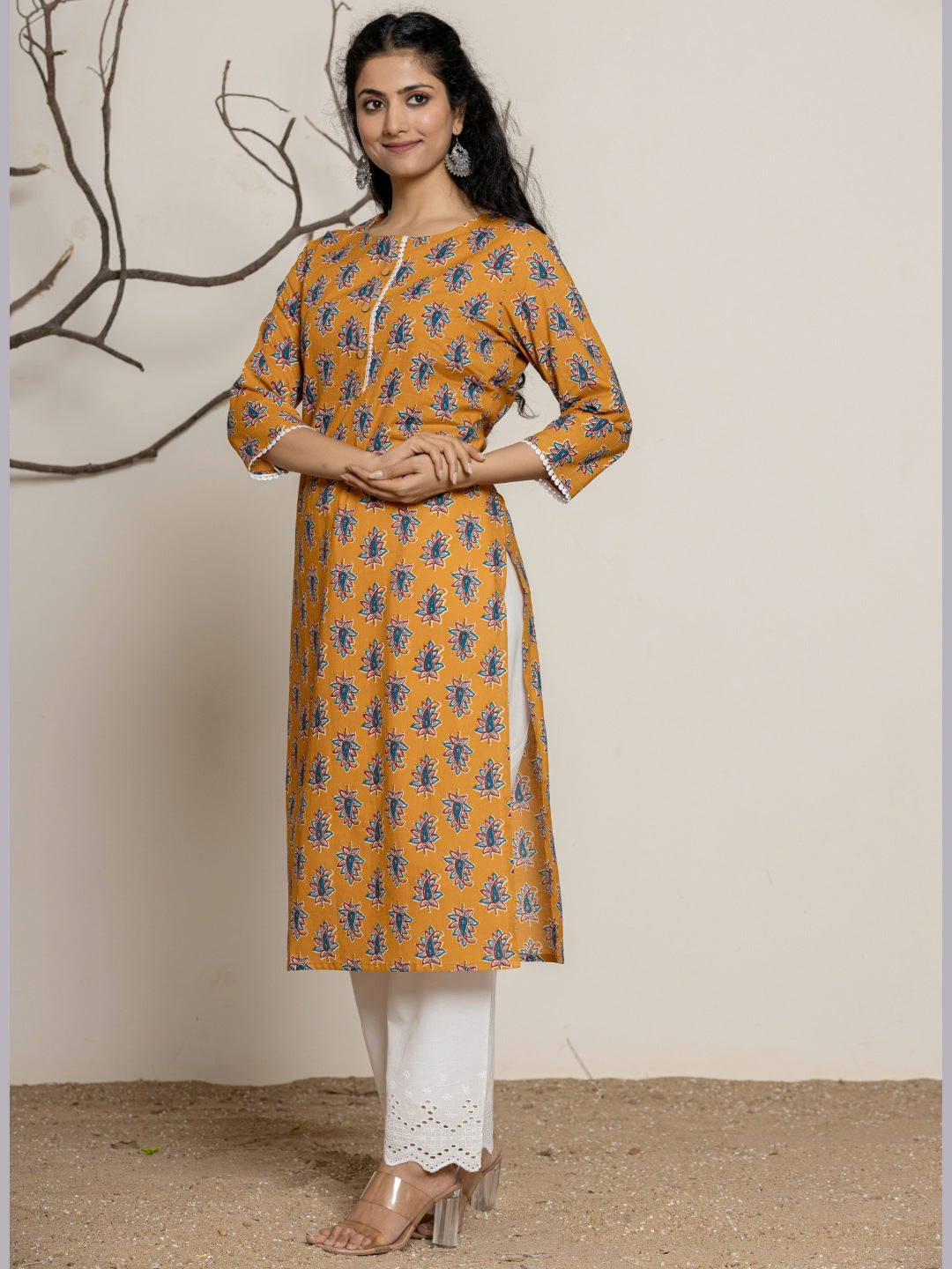 Floral Printed Lace Detail Straight kurta - Mustard