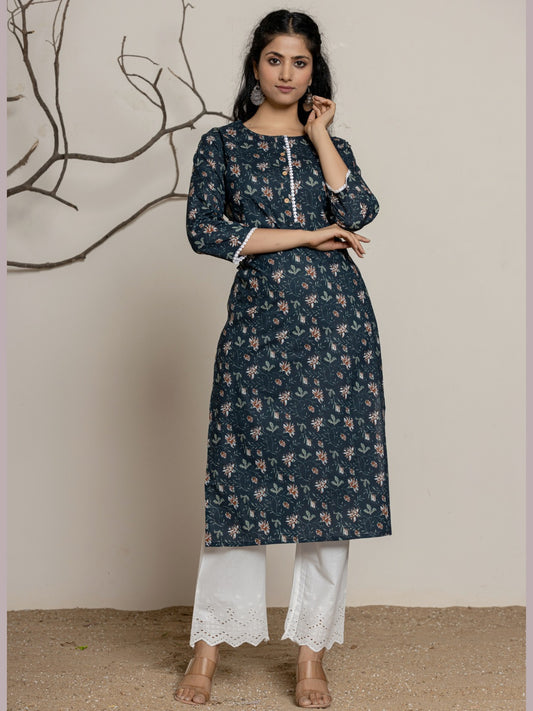 Floral Printed Lace Detail Straight kurta - Navy