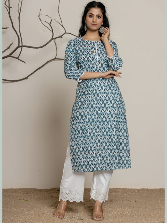 Floral Printed Lace Detail Straight kurta - White Indigo