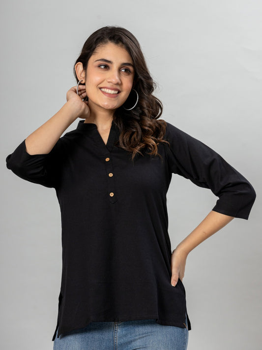 Solid Cotton Flax Women Top - Black