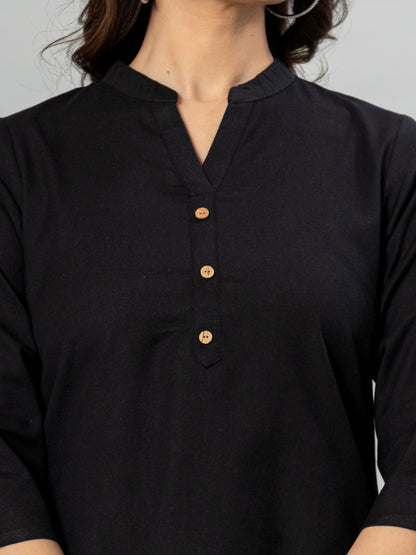 Solid Cotton Flax Women Top - Black