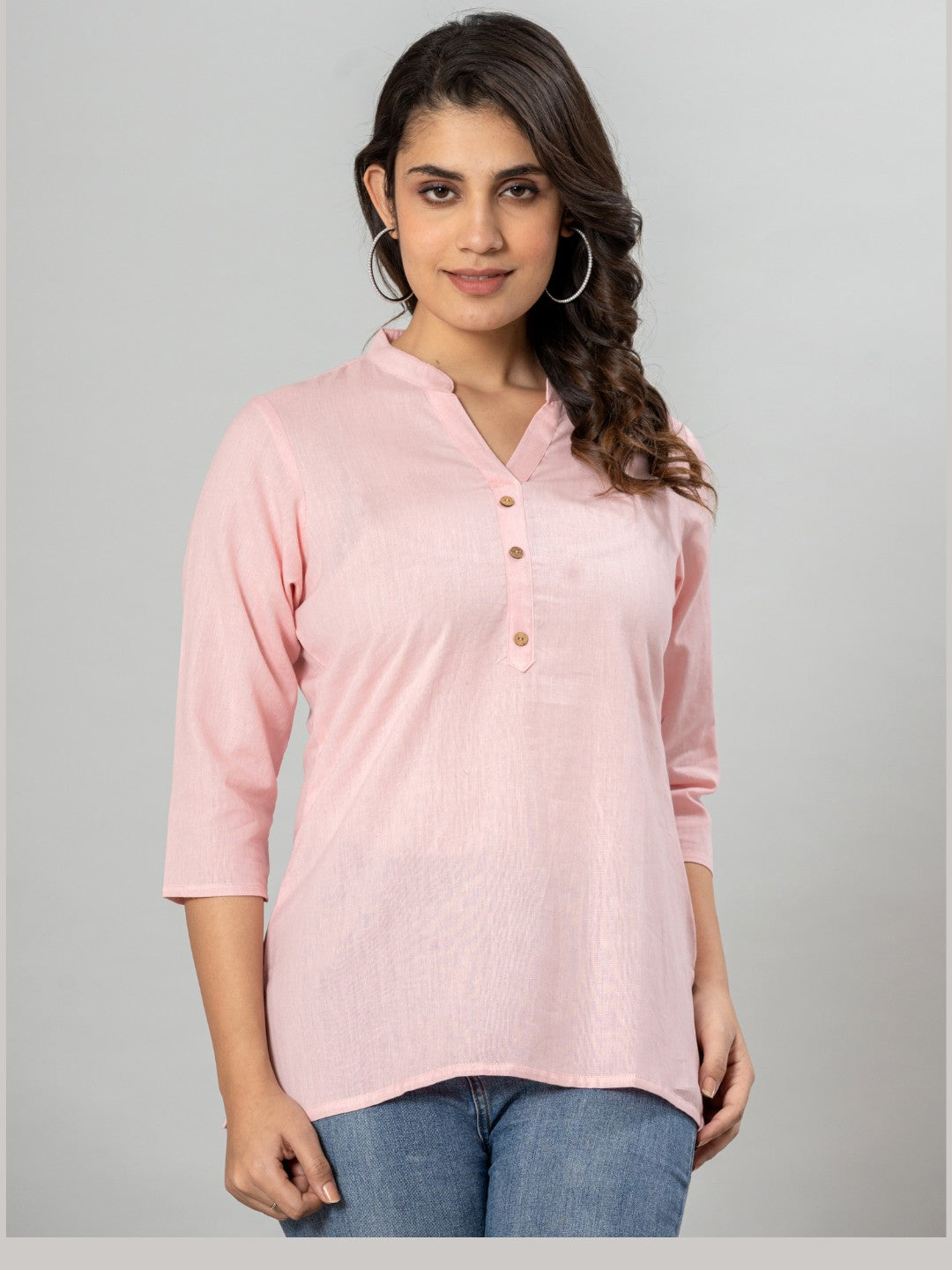 Solid Cotton Flax Women Top - Light Pink