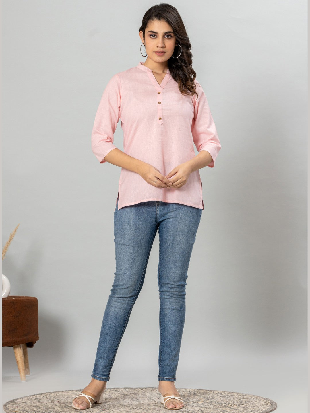 Solid Cotton Flax Women Top - Light Pink