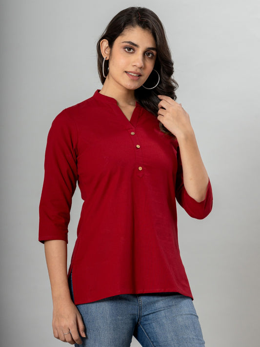Solid Cotton Flax Women Top - Maroon
