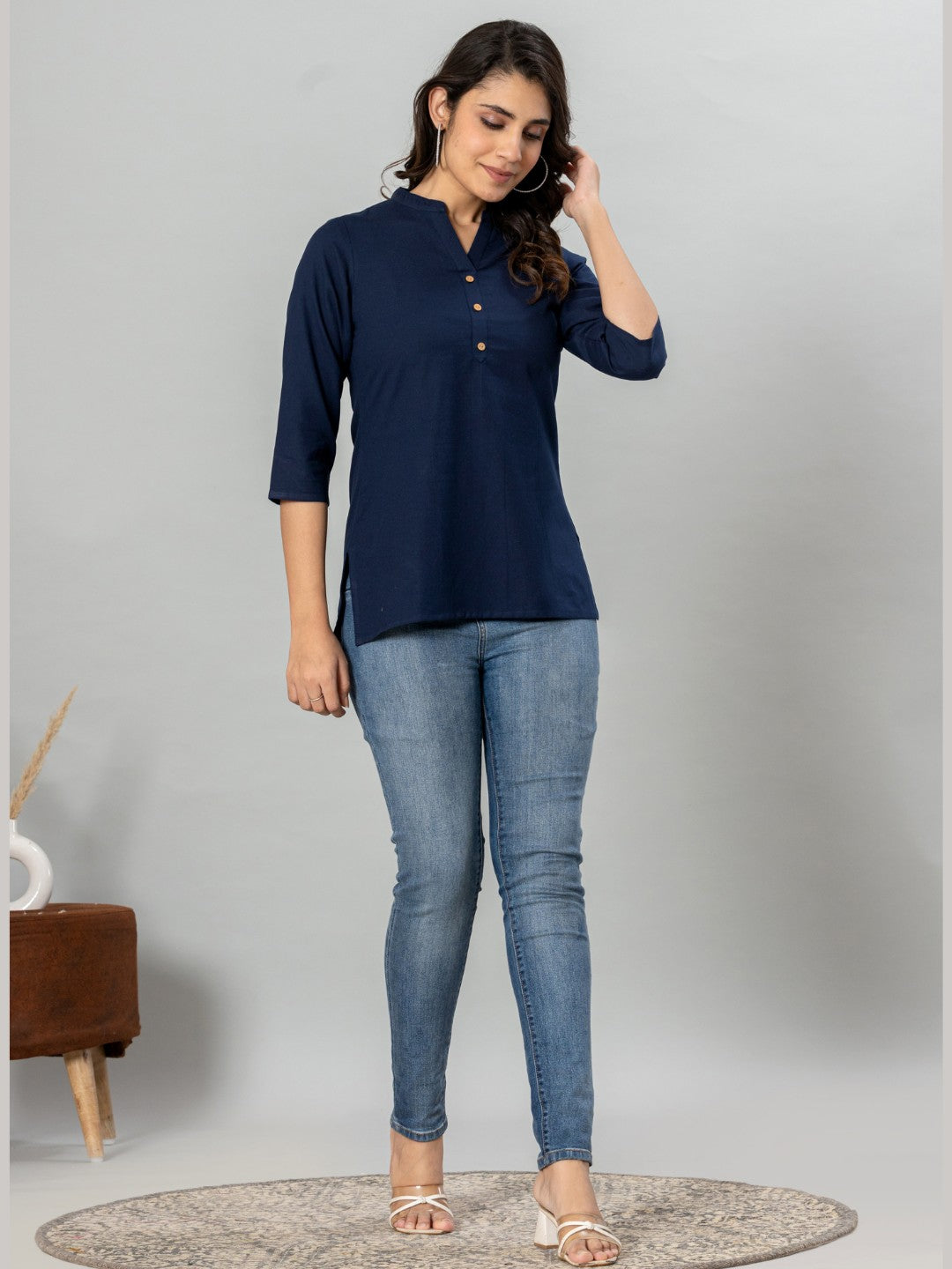Solid Cotton Flax Women Top - Navy Blue