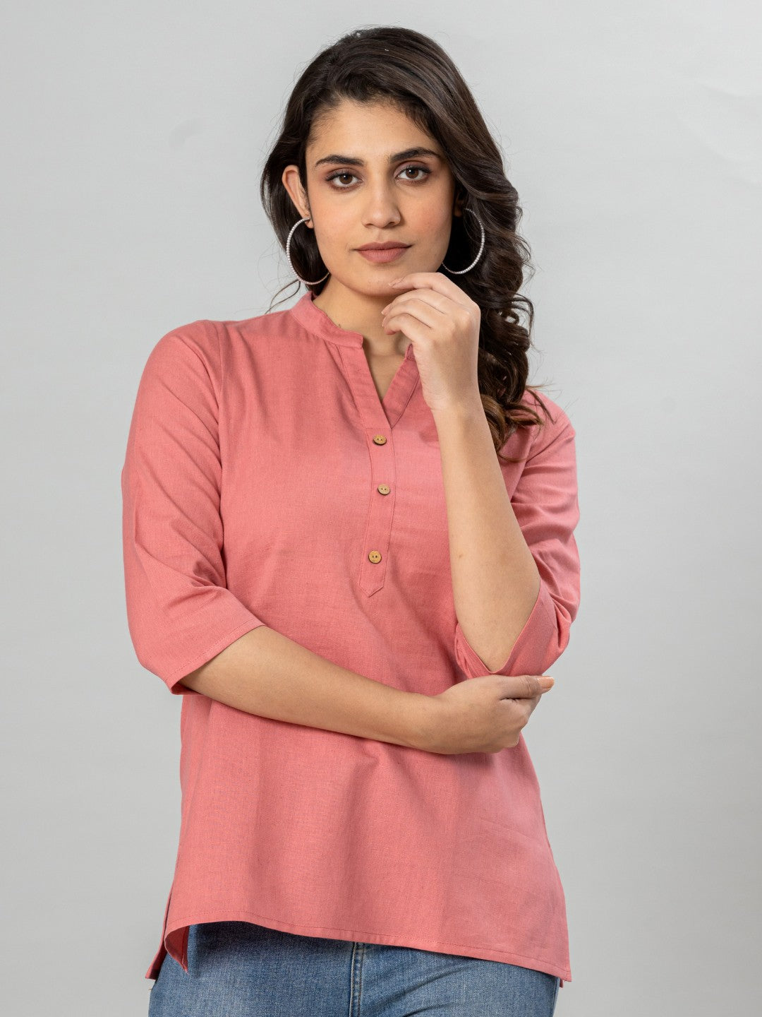 Solid Cotton Flax Women Top - Peach
