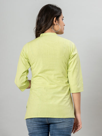 Solid Cotton Flax Women Top - Pista Green