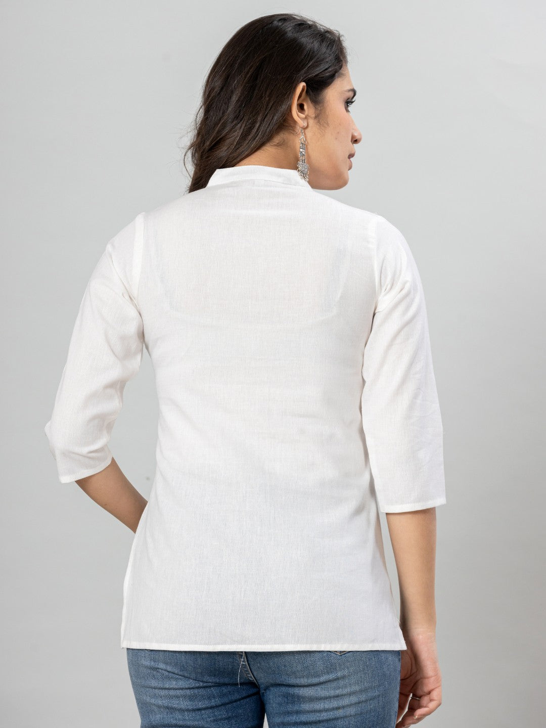 Solid Cotton Flax Women Top - White