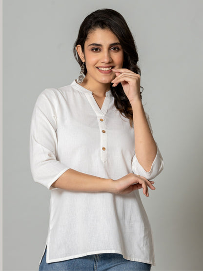 Solid Cotton Flax Women Top - White