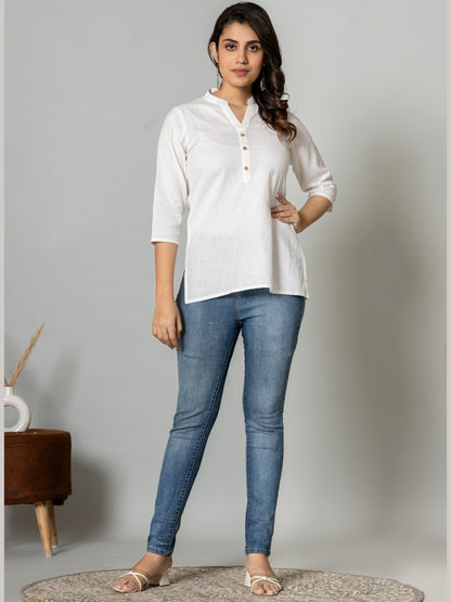 Solid Cotton Flax Women Top - White