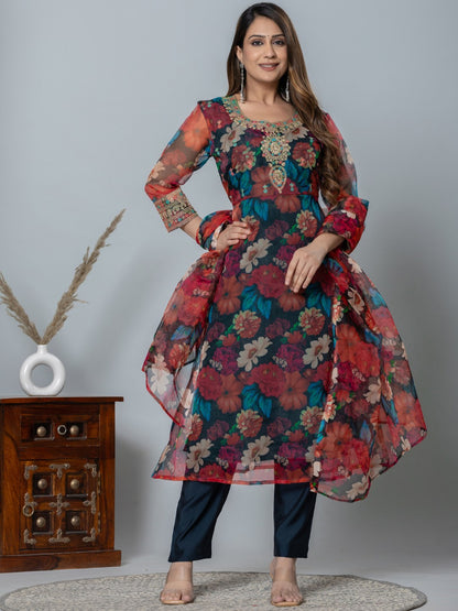 Organza Floral Printed Embroidered Kurta, Pants and Dupatta Set - Black