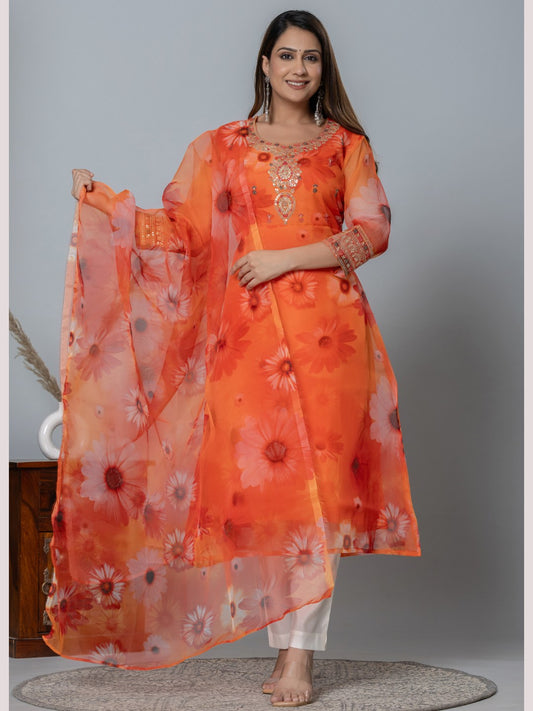 Organza Floral Printed Embroidered Kurta, Pants and Dupatta Set - Orange