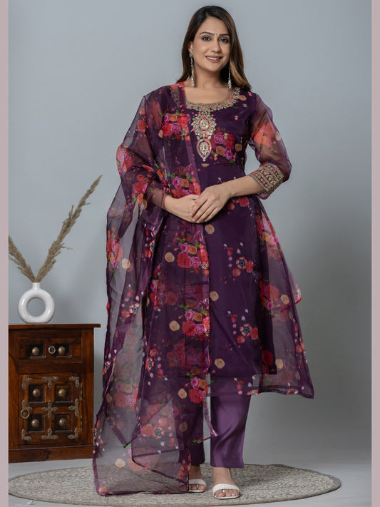 Organza Floral Printed Embroidered Kurta, Pants and Dupatta Set - Purple