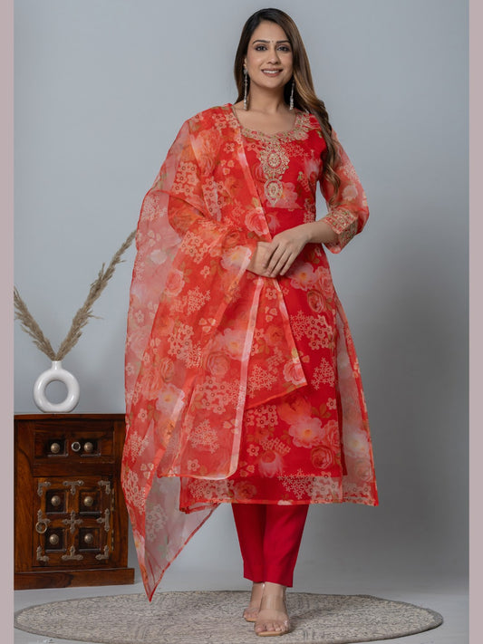 Organza Floral Printed Embroidered Kurta, Pants and Dupatta Set - Red