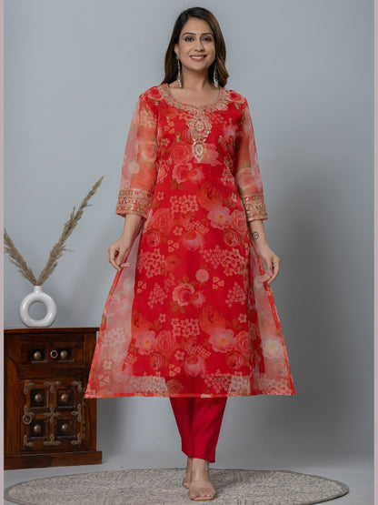 Organza Floral Printed Embroidered Kurta, Pants and Dupatta Set - Red