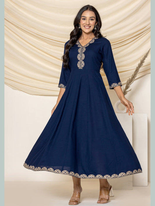 Embroidered Flared Anarkali Maxi Dress -Navy