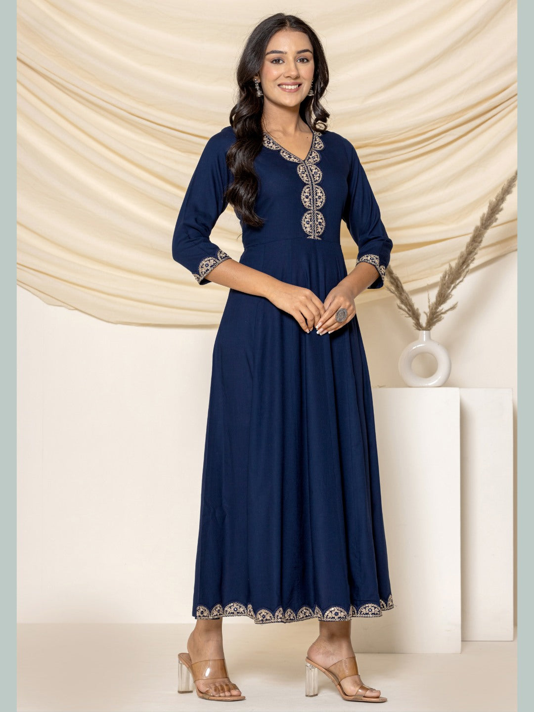 Embroidered Flared Anarkali Maxi Dress -Navy
