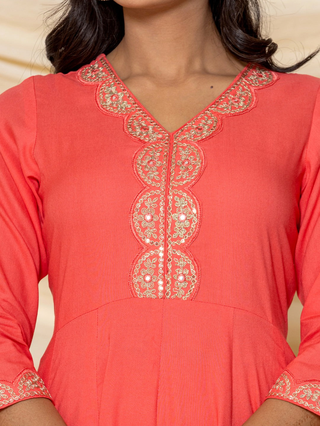 Embroidered Flared Anarkali Maxi Dress -Peach