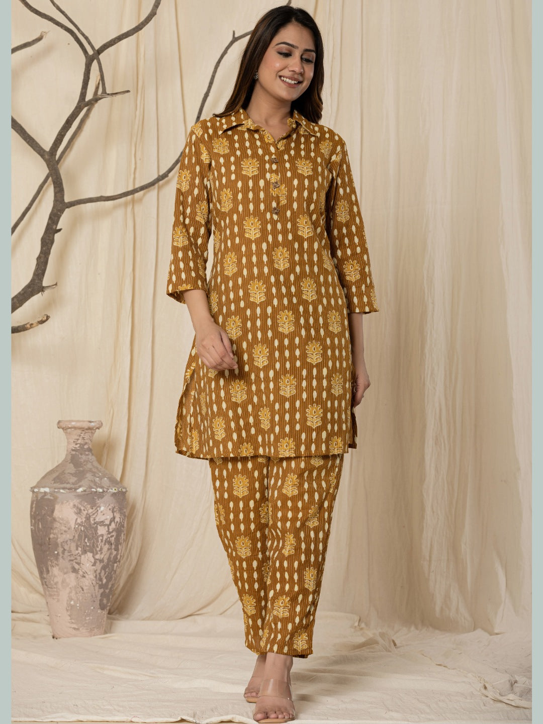 Katha Cotton Printed Collared Co-Ord Set - Mustard