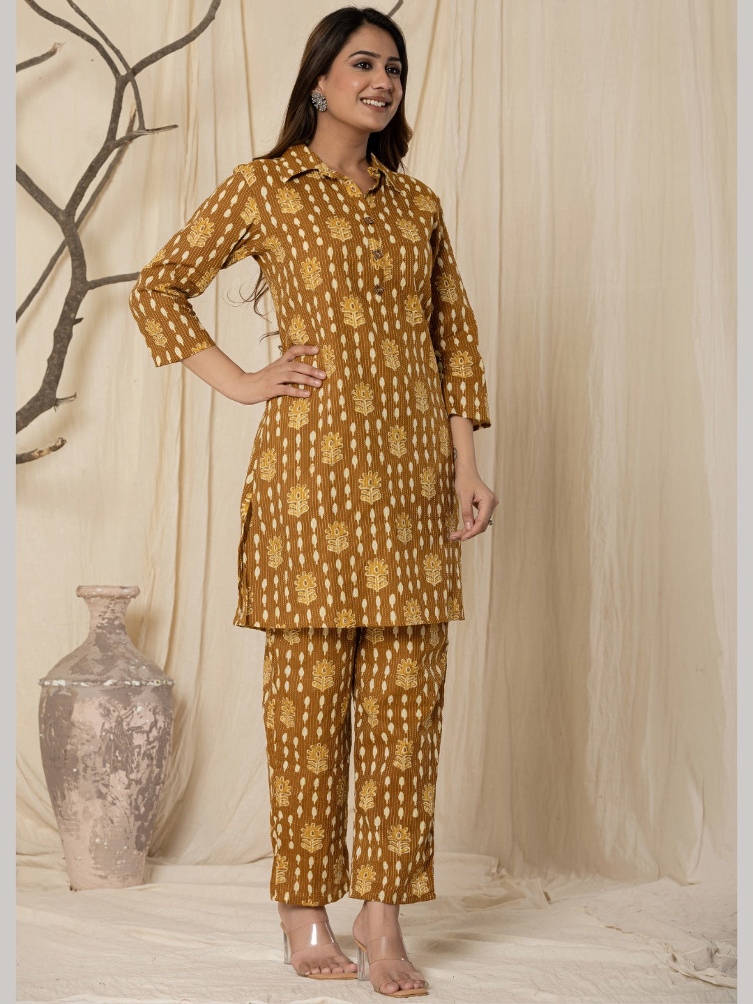 Katha Cotton Printed Collared Co-Ord Set - Mustard