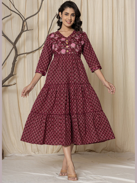 Floral Print Tiered Ankle Length Dress - Wine