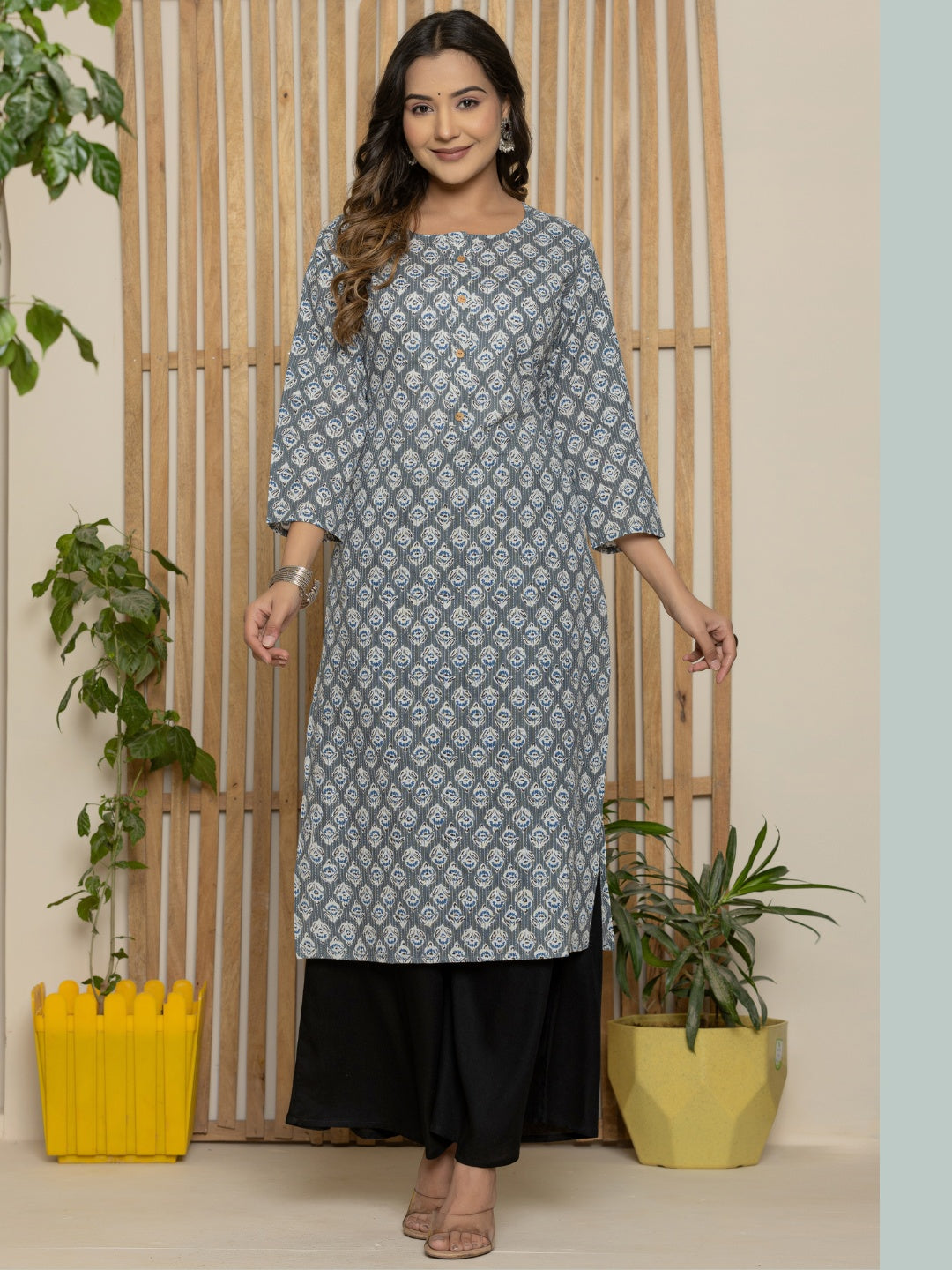 Cotton Katha Printed Straight Round Neck kurta - Grey