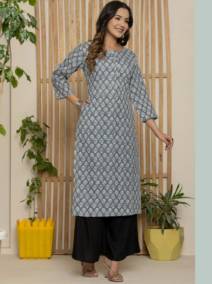Cotton Katha Printed Straight Round Neck kurta - Grey