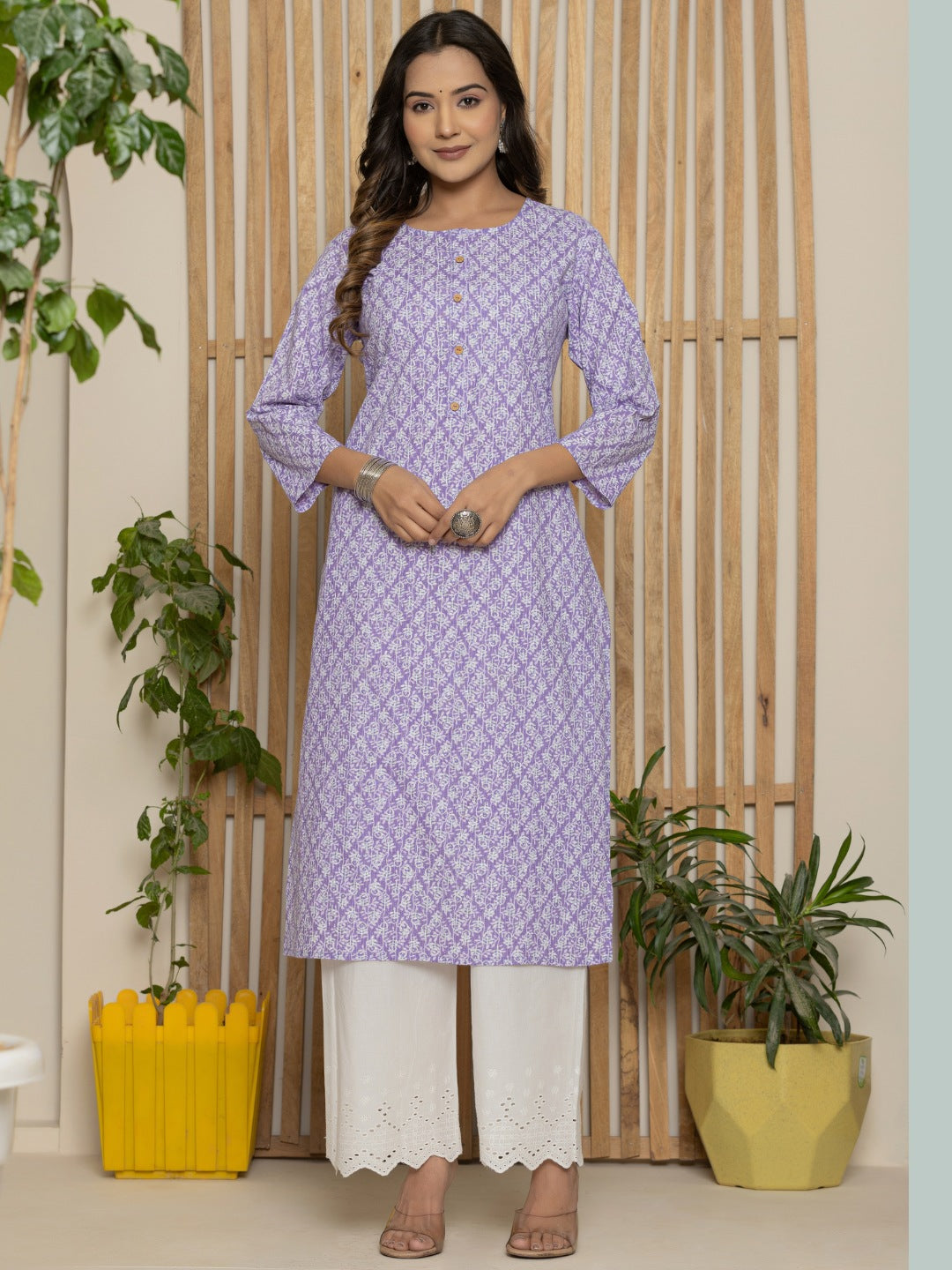 Cotton Katha Printed Straight Round Neck kurta - Light Blue