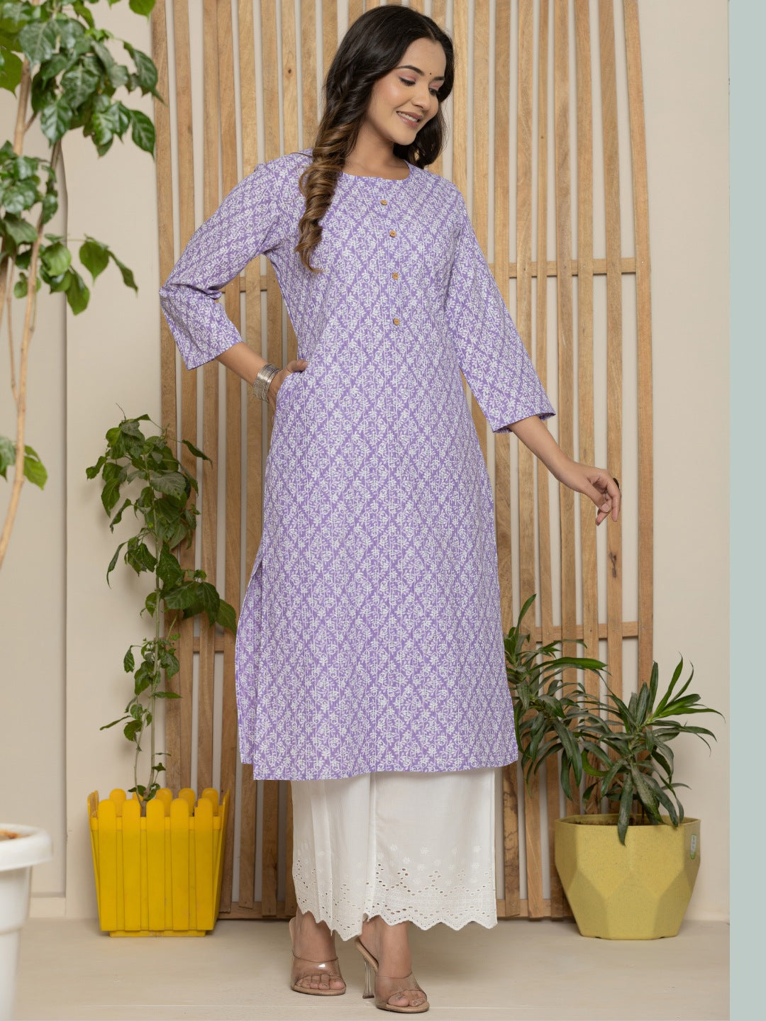 Cotton Katha Printed Straight Round Neck kurta - Light Blue