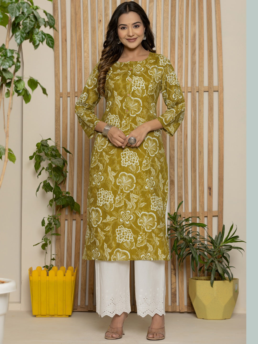 Cotton Katha Printed Straight Round Neck kurta - Mustard