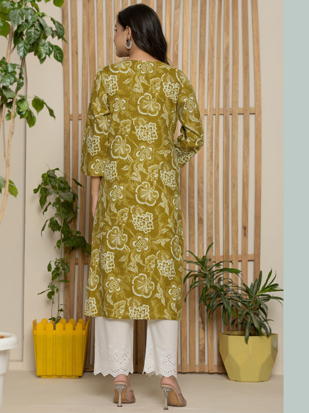 Cotton Katha Printed Straight Round Neck kurta - Mustard