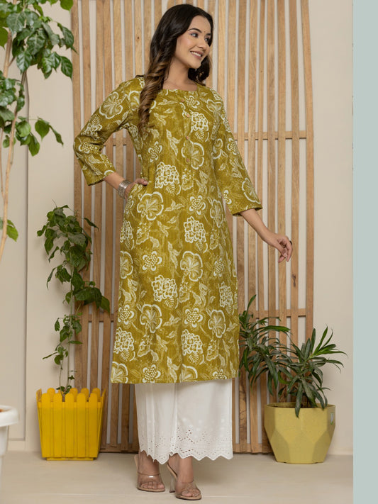 Cotton Katha Printed Straight Round Neck kurta - Mustard