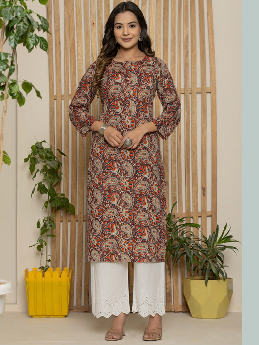 Cotton Katha Printed Straight Round Neck kurta - Maroon