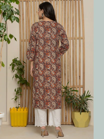 Cotton Katha Printed Straight Round Neck kurta - Maroon