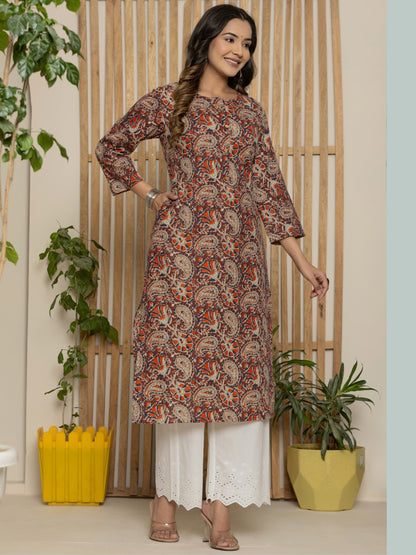 Cotton Katha Printed Straight Round Neck kurta - Maroon