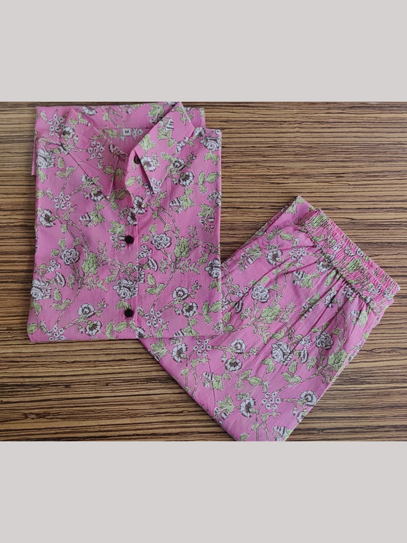 Cotton printed Shirt Style Top and Pant Co-Ord Set -Pink