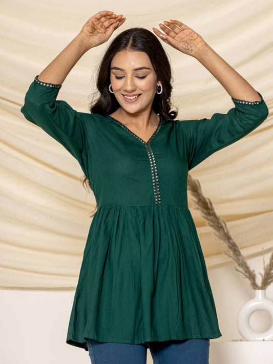 Solid Embroidered Peplum Top - Bottle Green