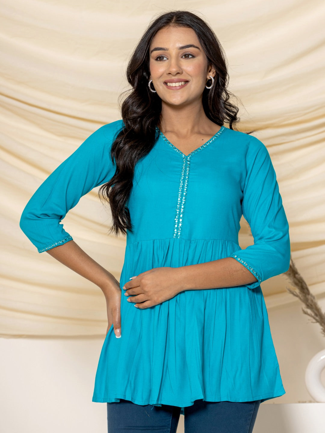 Solid Embroidered Peplum Top - Turquoise