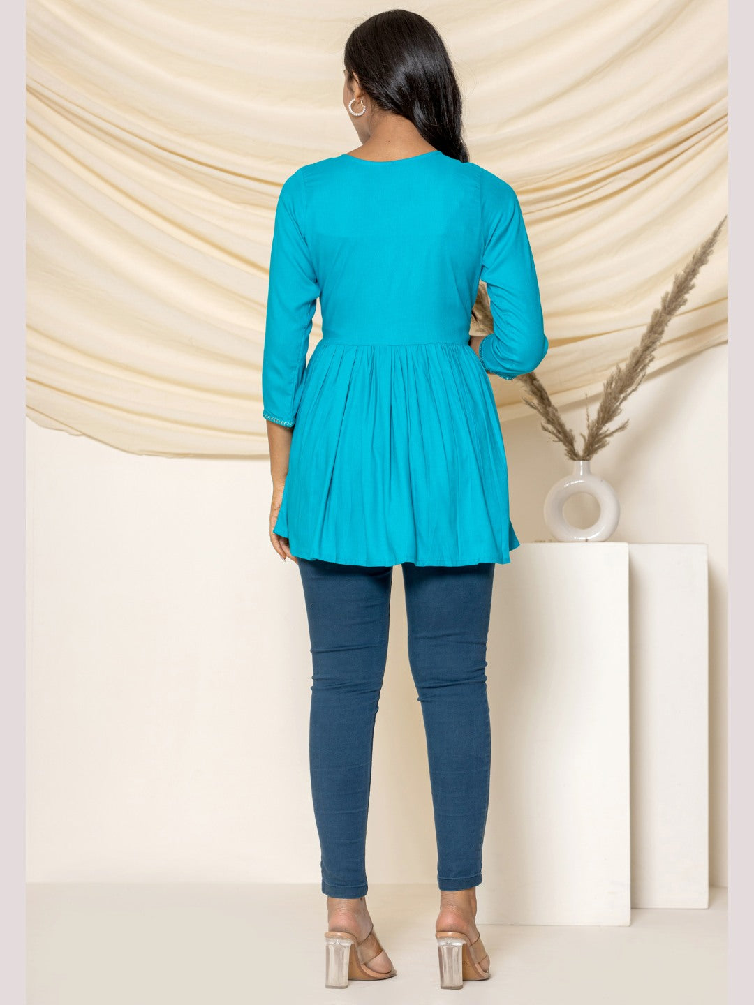 Solid Embroidered Peplum Top - Turquoise