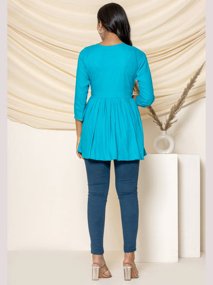 Solid Embroidered Peplum Top - Turquoise