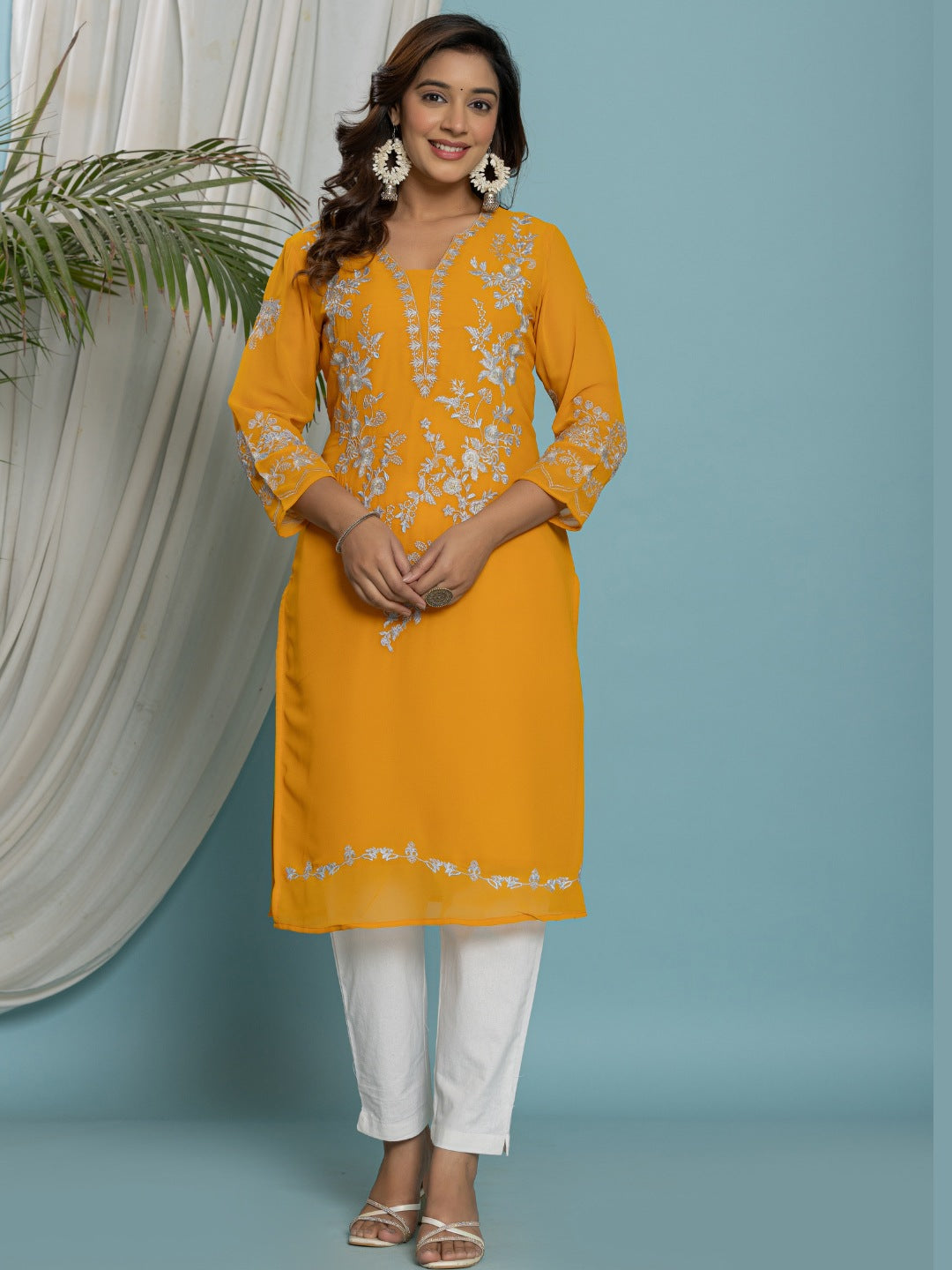 Thread Embroidered Georgette Solid Kurta with Lining - Mustard