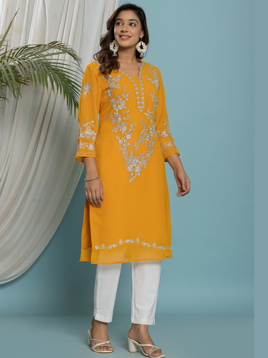 Thread Embroidered Georgette Solid Kurta with Lining - Mustard