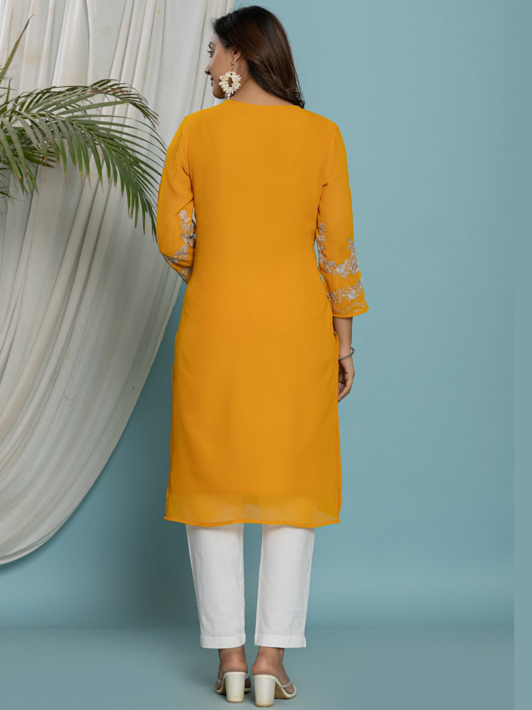 Thread Embroidered Georgette Solid Kurta with Lining - Mustard