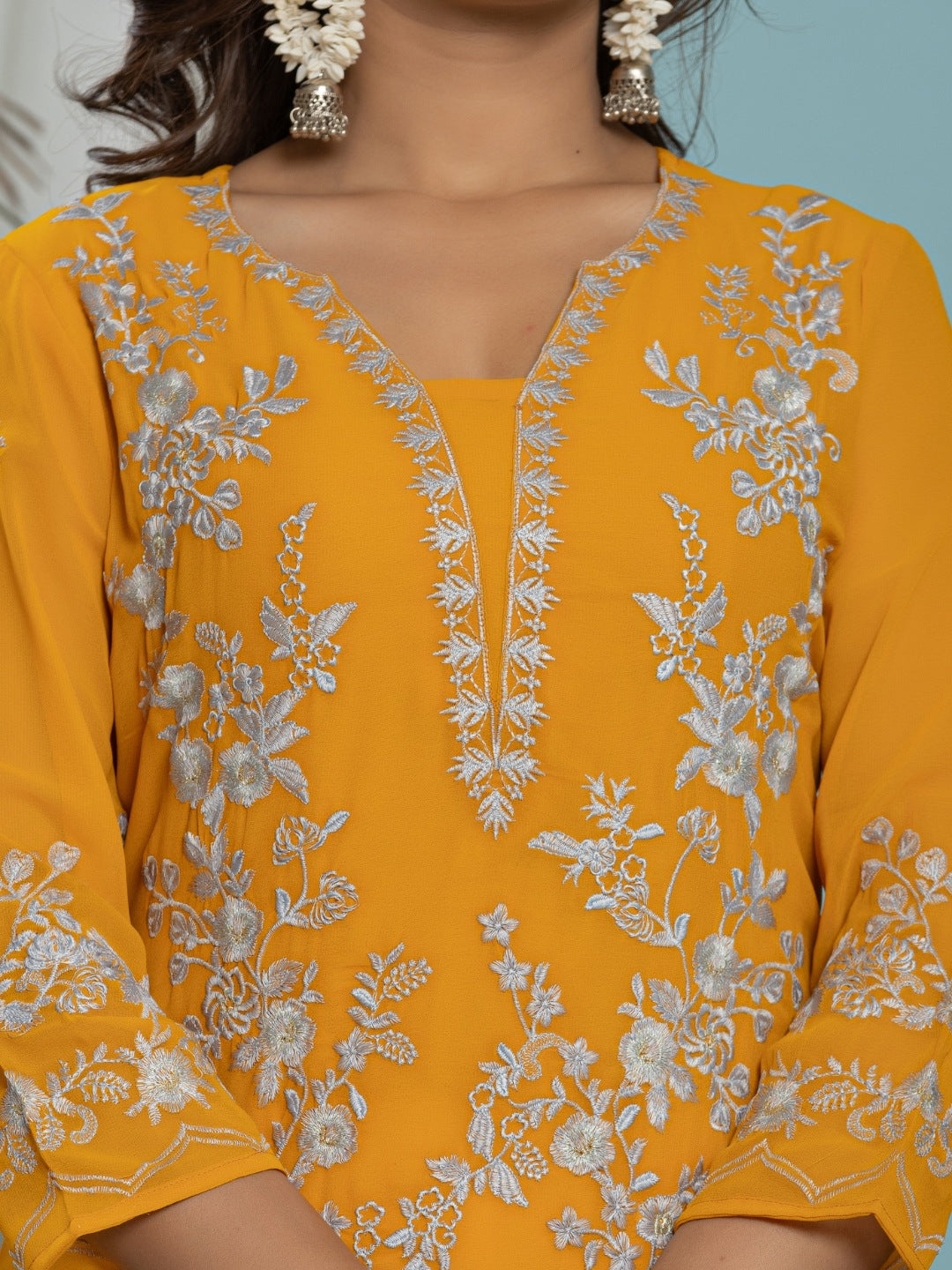 Thread Embroidered Georgette Solid Kurta with Lining - Mustard